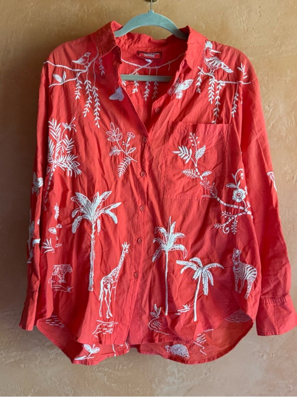 Johnny Was Workshop Embroidered Safari Blouse Cotton Button Front Top Size L